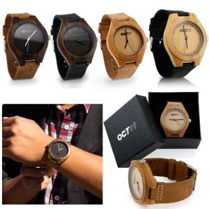 גאדג׳טים שעונים וצמידים חכמים Luxury Men's Women's Bamboo Wood Watch Quartz Leather Wristwatches Fashion w/Box